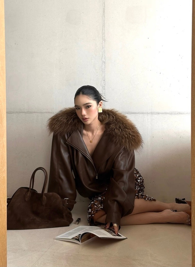 Rovente Brown Faux Leather Jacket with Detachable Fur Collar