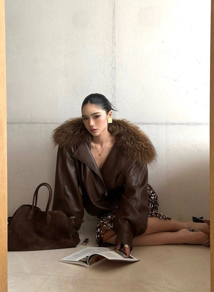 Rovente Brown Faux Leather Jacket with Detachable Fur Collar