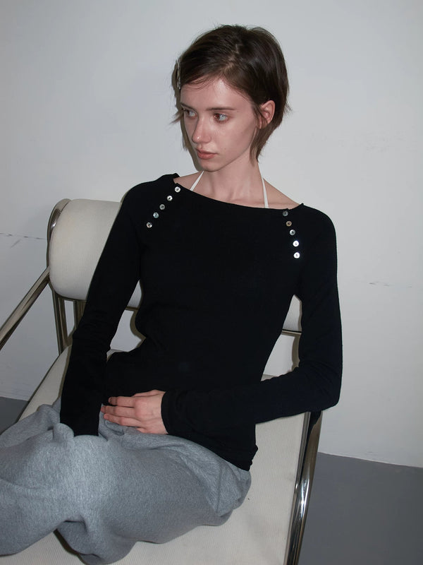 SOLWEIGE Button Embellished Boat Neck Top
