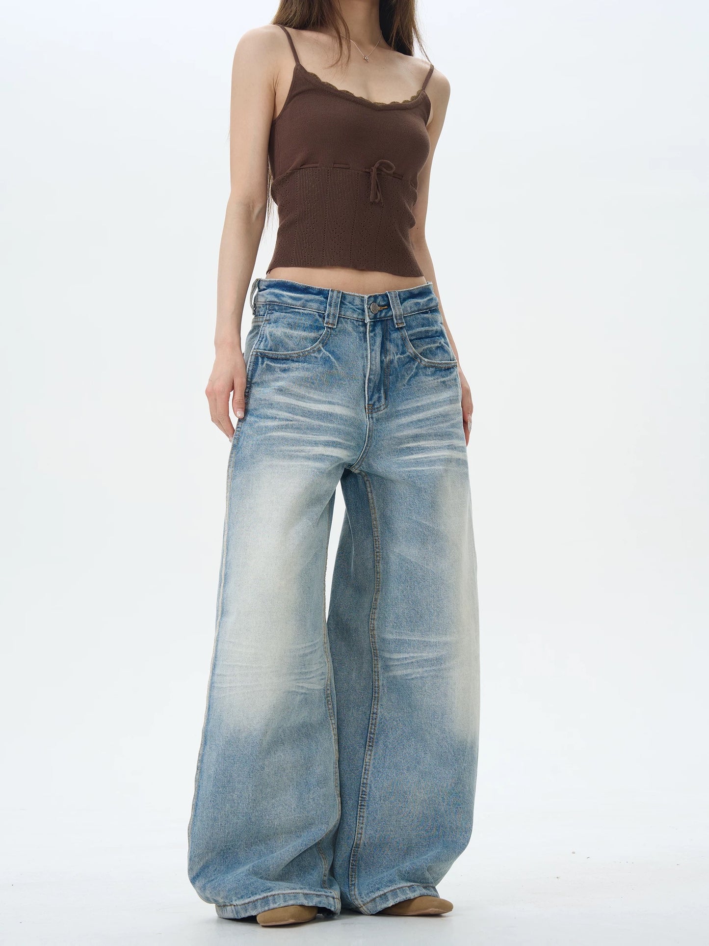 Light Wash Wide Leg Straight Jeans with Crease Effect
