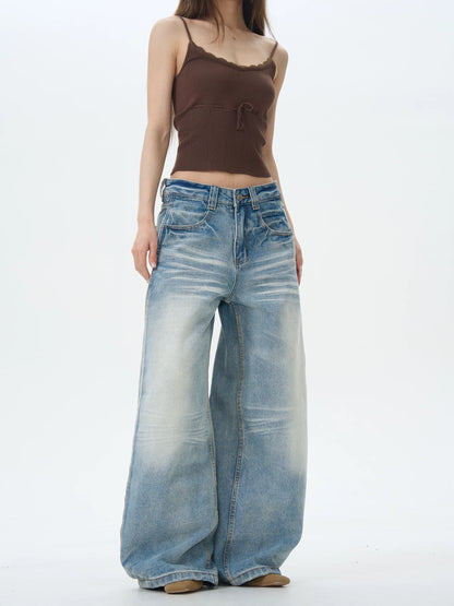 Light Wash Wide Leg Straight Jeans with Crease Effect