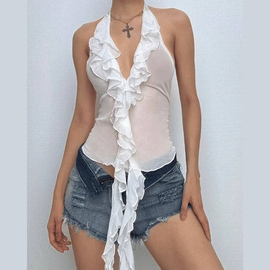 White Cropped V Neck Ruffle Top