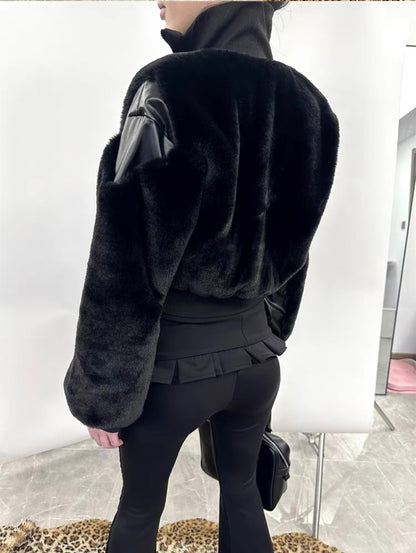 Short Hair Faux Fur Leather Zip Up Jacket In Black