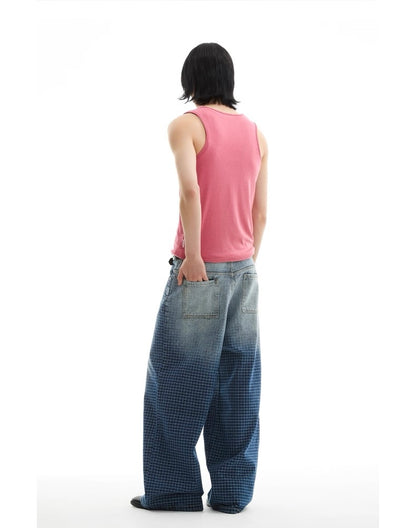 Checkered Washed Wide Leg Jeans