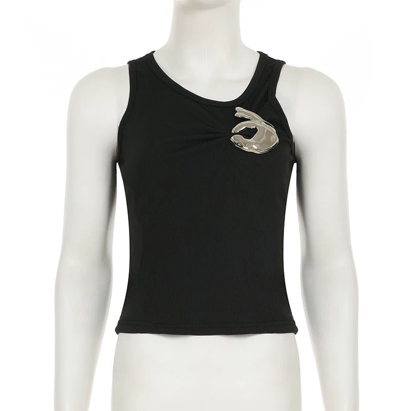Black Ribbed Hand Detail Vest Top – Metal Pinch Design