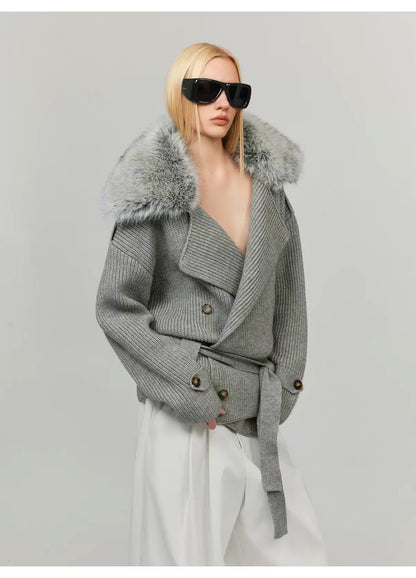 0122stepll Fur Collar Belted Ribbed Knit Wrap Cardigan