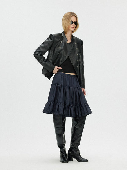 SAUMPLE STUDYSYMP Double-Breasted Military Leather Jacket