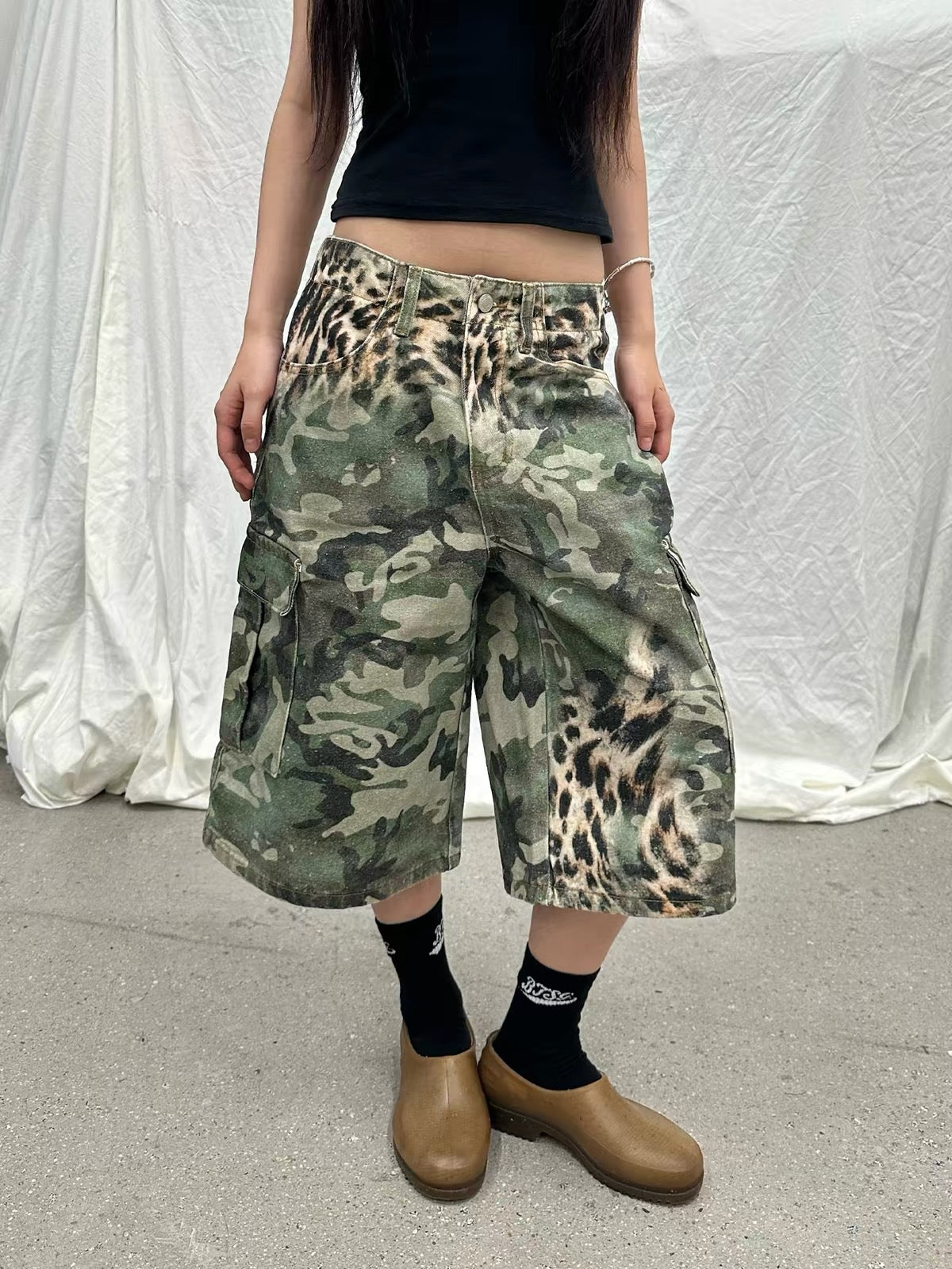 Oversized Camo Leopard Cargo Bermuda Shorts