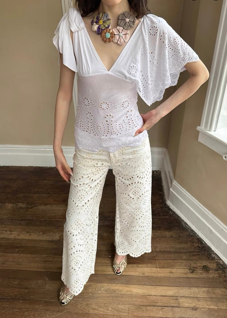 HOL!DAY Asymmetrical Lace Tie Shoulder Top