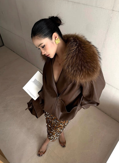 Rovente Brown Faux Leather Jacket with Detachable Fur Collar