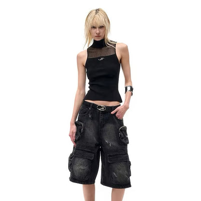 Multi-pocket Faded Black Unisex Baggy Jorts