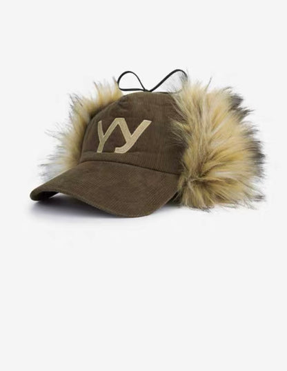 Corduroy Trapper Cap with Graphic in Khaki