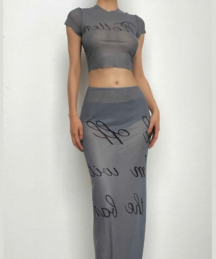 Crew Neck Top With Mesh Maxi Skirt