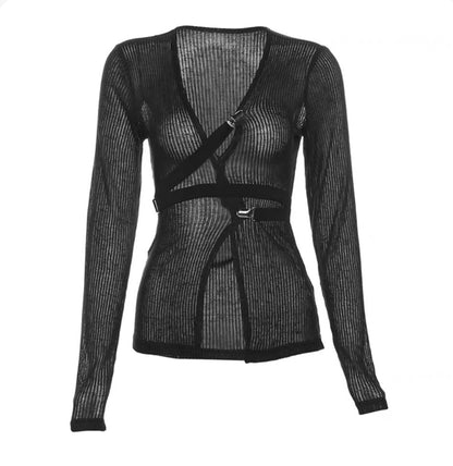 Sheer Black Buckle V Neck Top