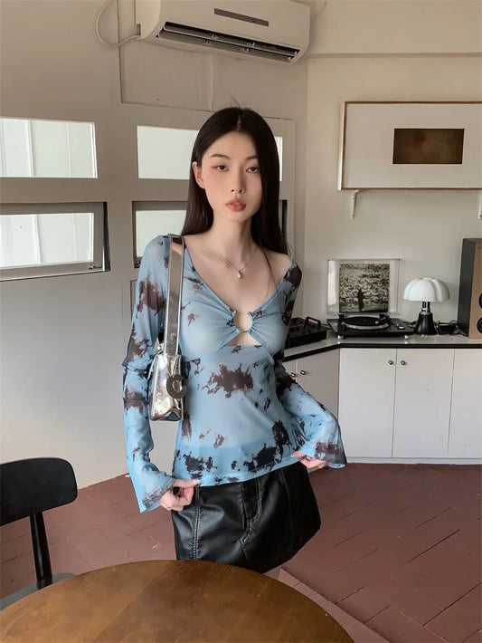 Blue Mesh Print Top