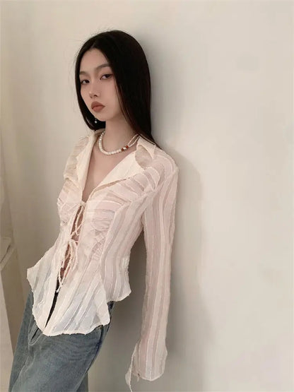 Lace Up Blouse In Cream