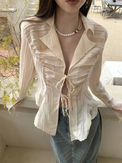 Lace Up Blouse In Cream