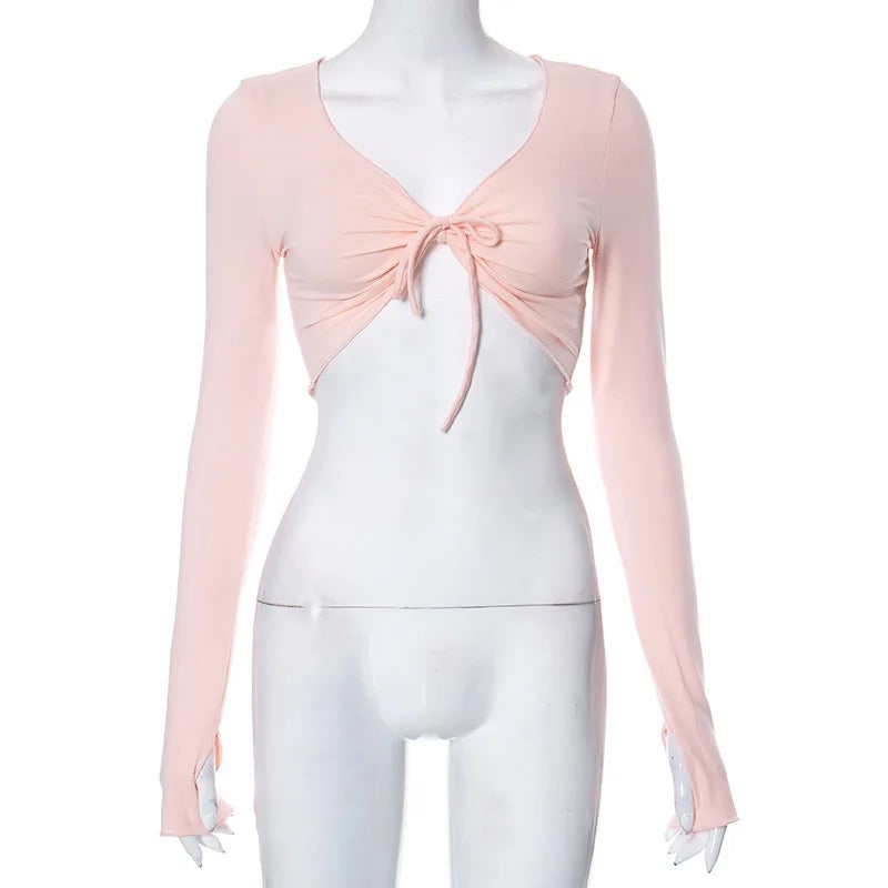 Soft Pink Ruched Front Long Sleeve Crop Top