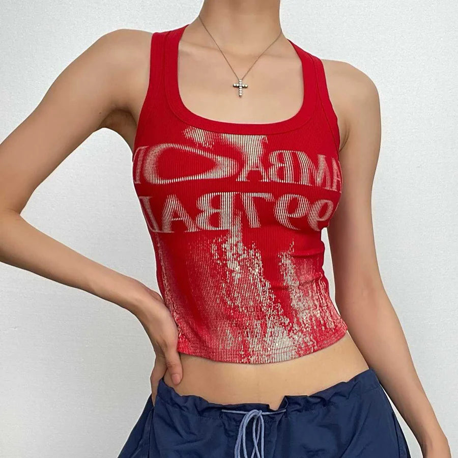 Red Ribbed Crop Top With Print