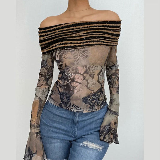 Flared long sleeve bardot top