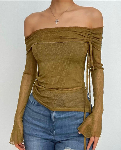 Ruched Mesh Long Sleeve Off The Shoulder Top in Green