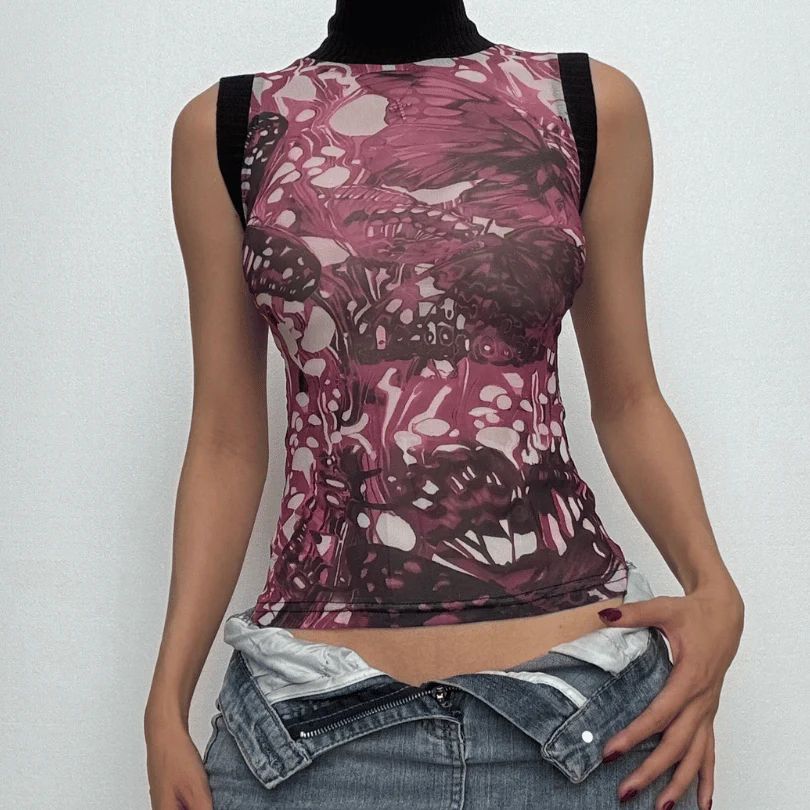 Sleeveless Printed Mesh Top