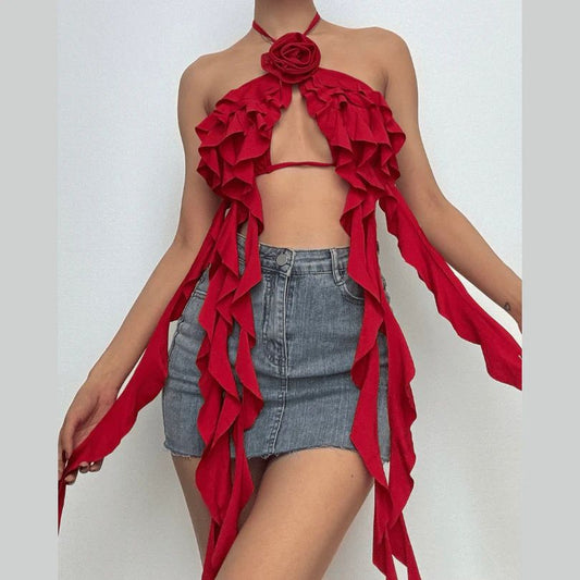 Halter Flower Ruffle Backless Top