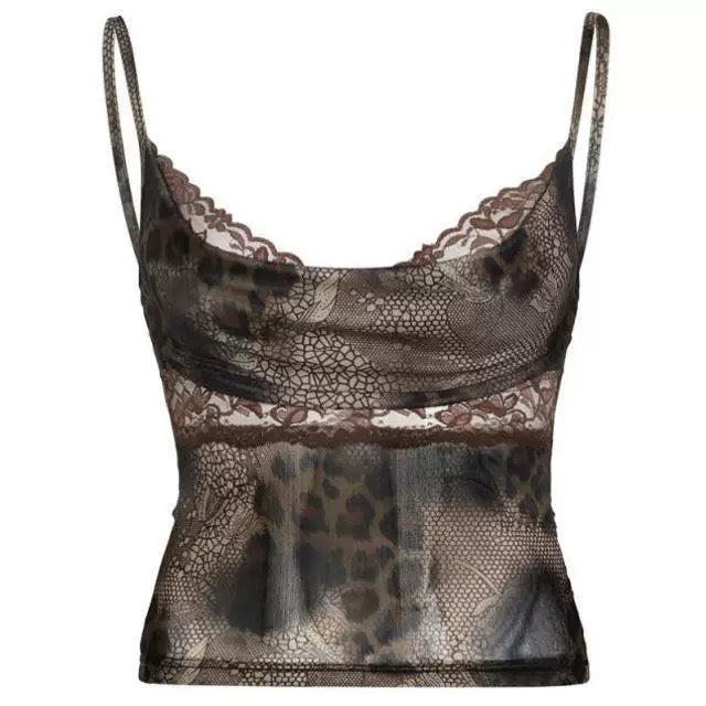 Leopard Print Cowl Neck Lace Top