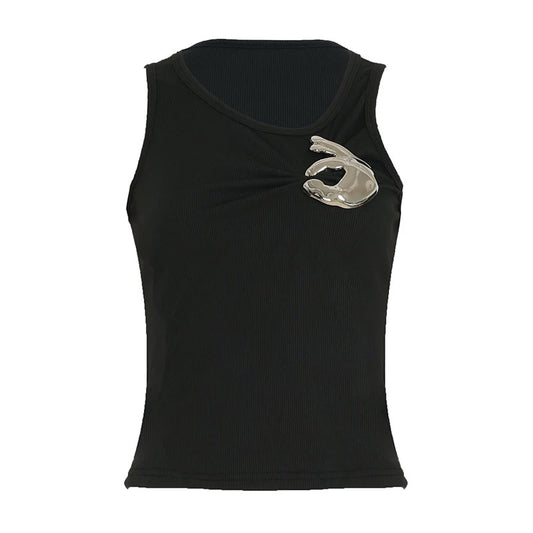Black Ribbed Hand Detail Vest Top – Metal Pinch Design