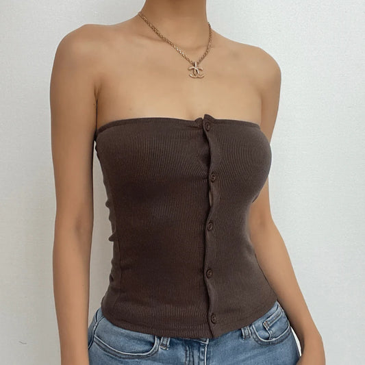 Button Up Bandeau Top In Brown