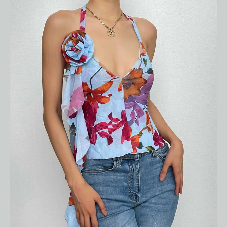 Asymmetric Ruffle Flower Top In Blue