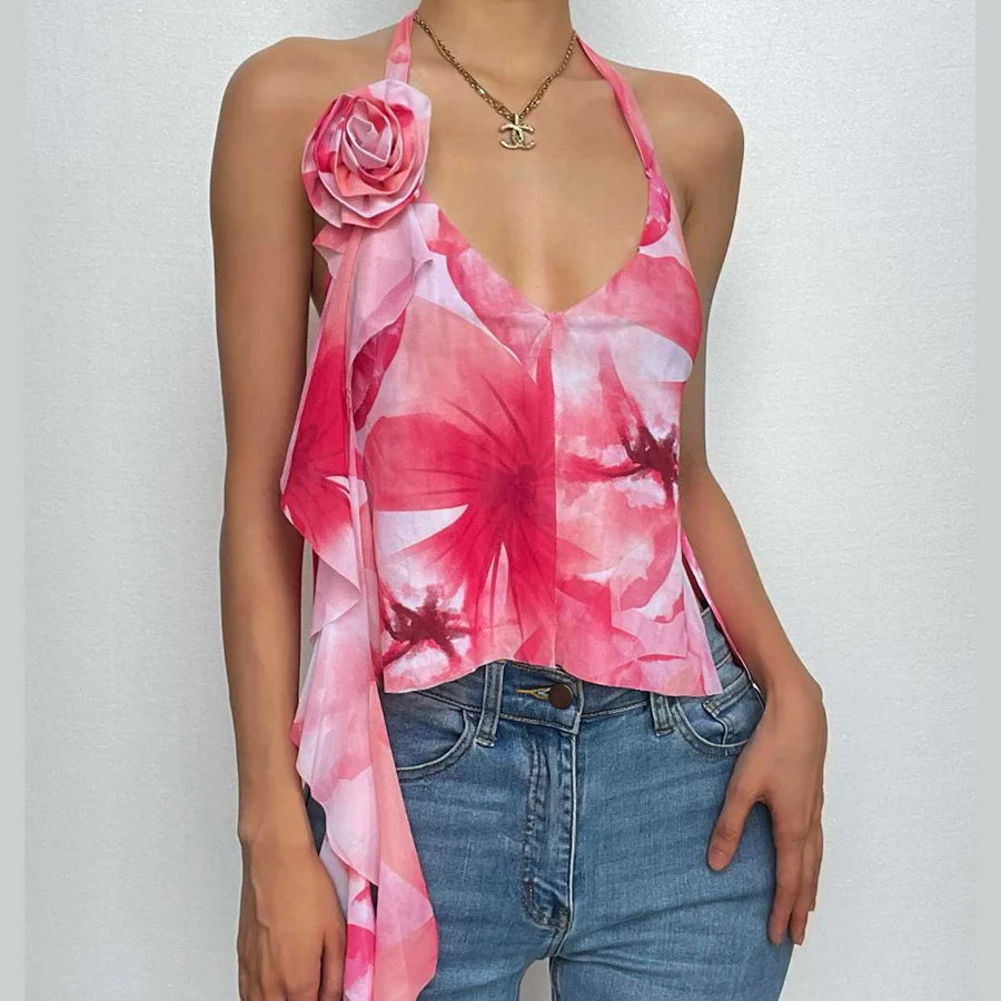 Asymmetric Ruffle Flower Top In Pink