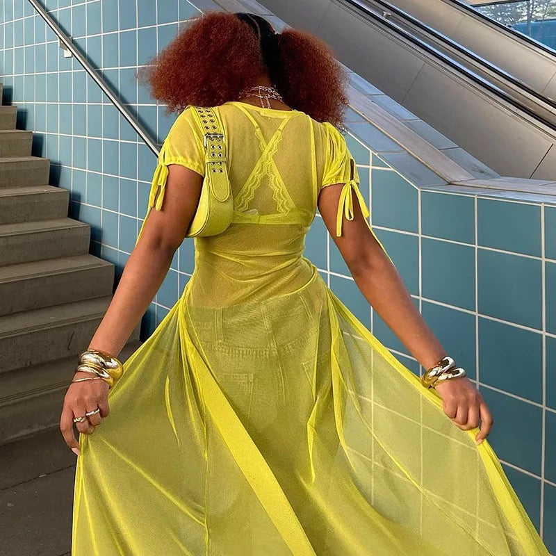 Yellow Mesh Maxi Longline Top