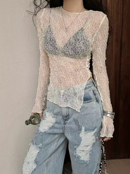 Sheer Lace Long Sleeve T shirt