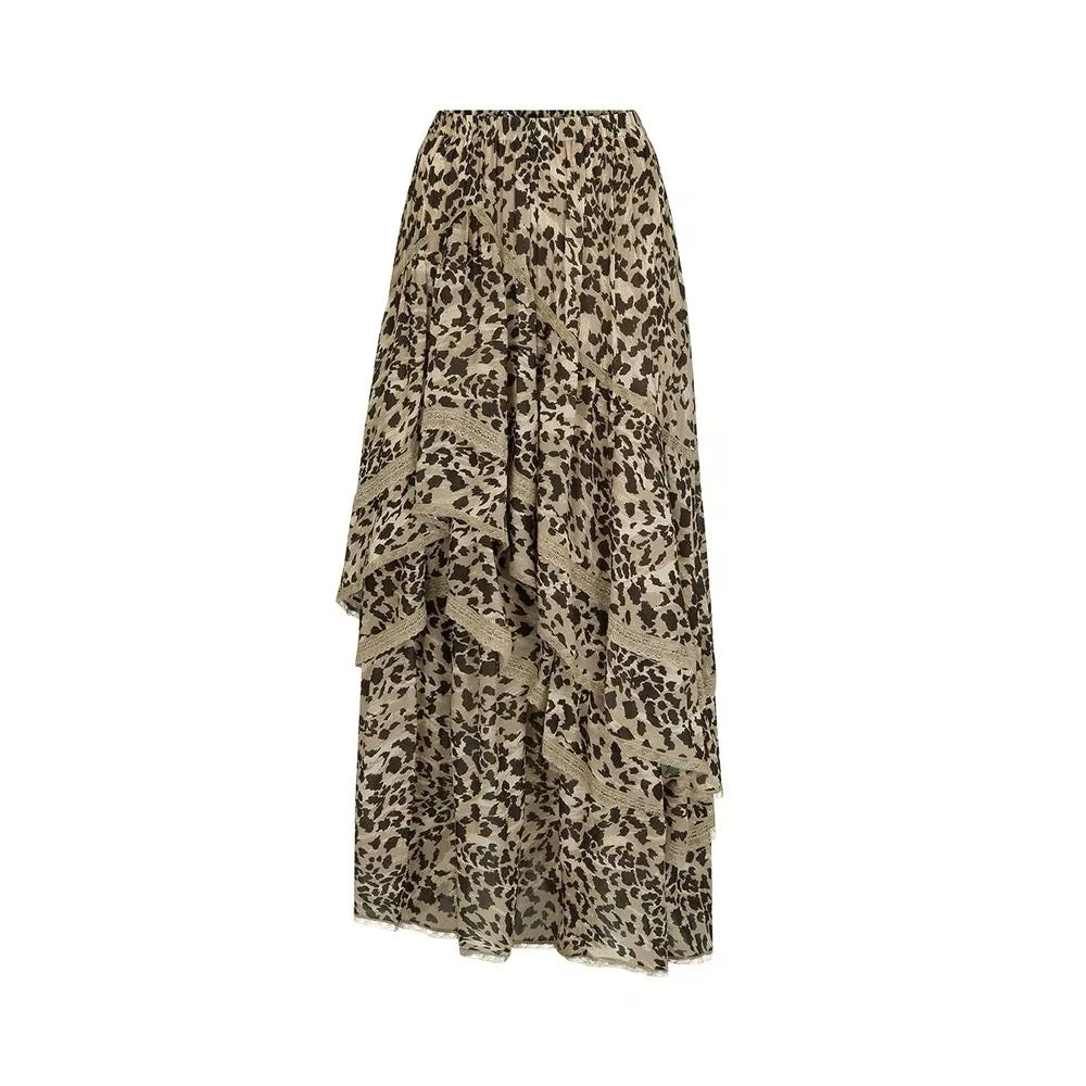 Leopard Printed Lace Trim Asymmetric Skirt