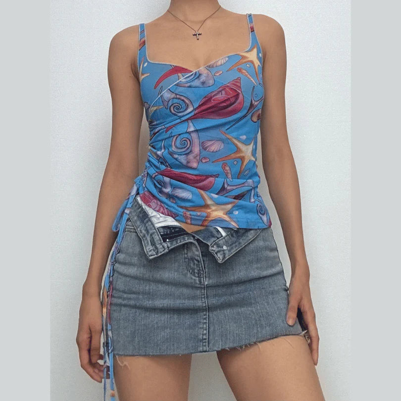 Seaside Mesh Printed Drawstring V Neck Top