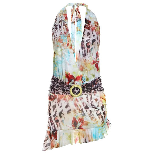 Deep V-Neck Halter Neck Print Ruffle Dress