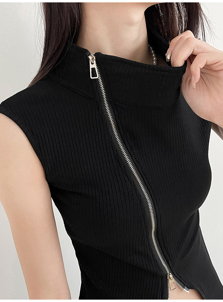Side Zip Rib Top in Black