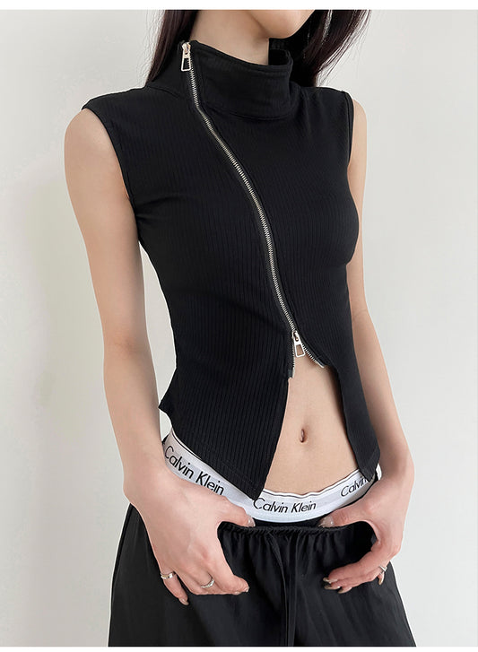 Side Zip Rib Top in Black