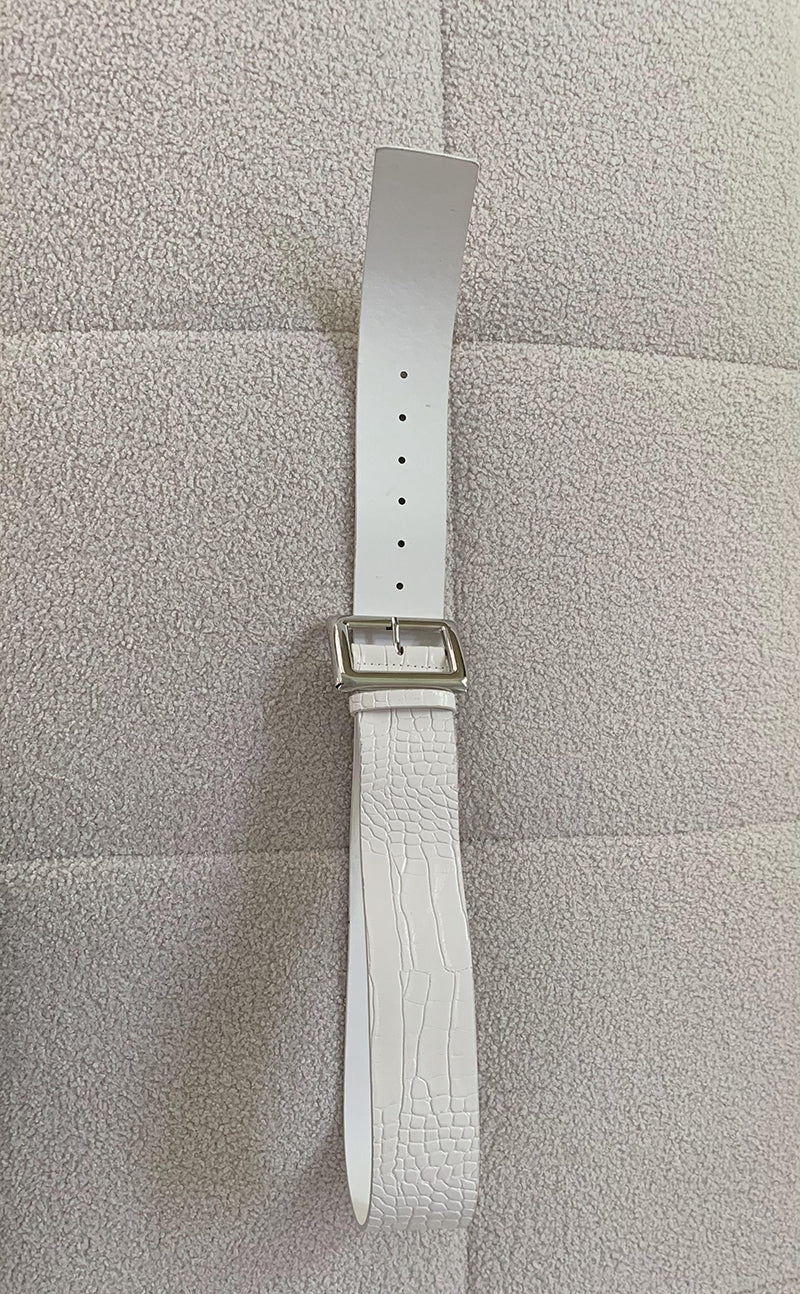 White Snake Print Embossed Belt