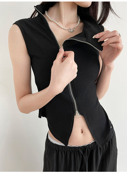 Side Zip Rib Top in Black