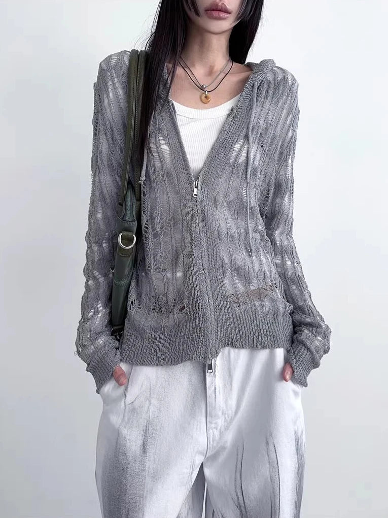 Distressed Zip Up Hooded Cardigan