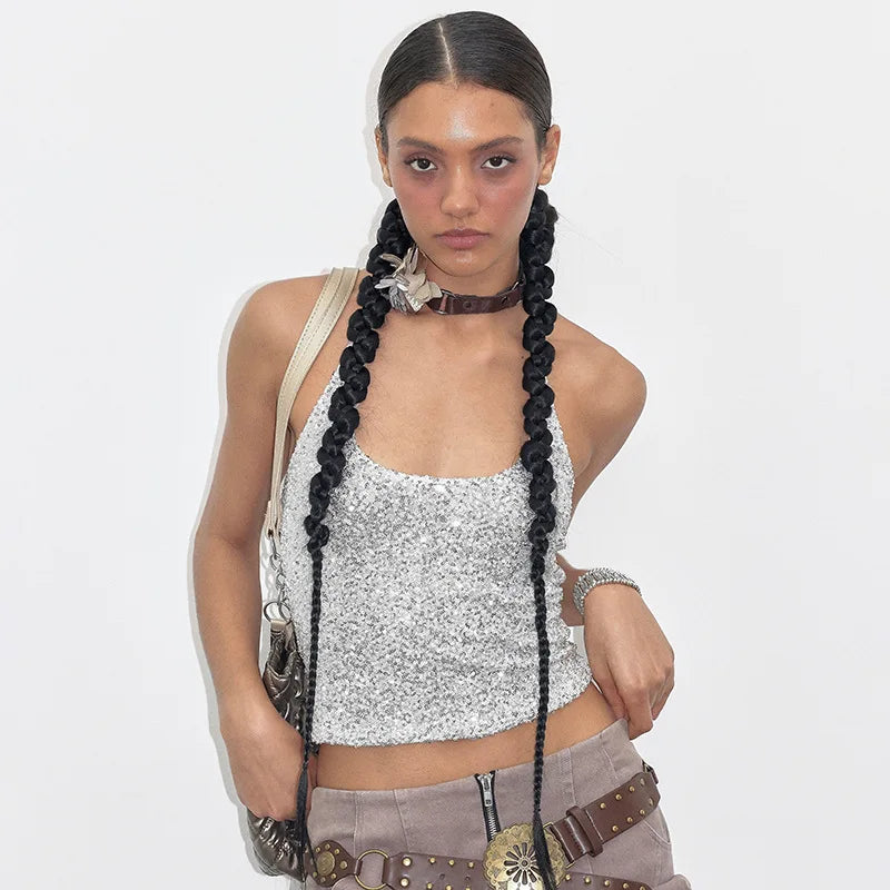 Silver Chain Sparkle Sequin Crop Top