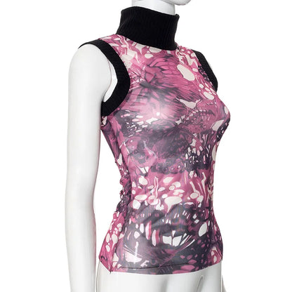 Sleeveless Printed Mesh Top