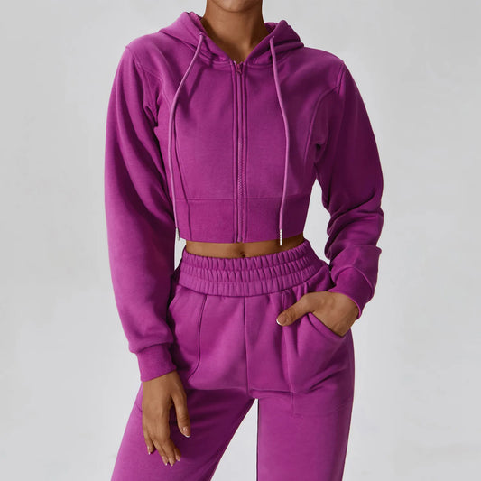 Cropped Drawstring Zip Up Jacket