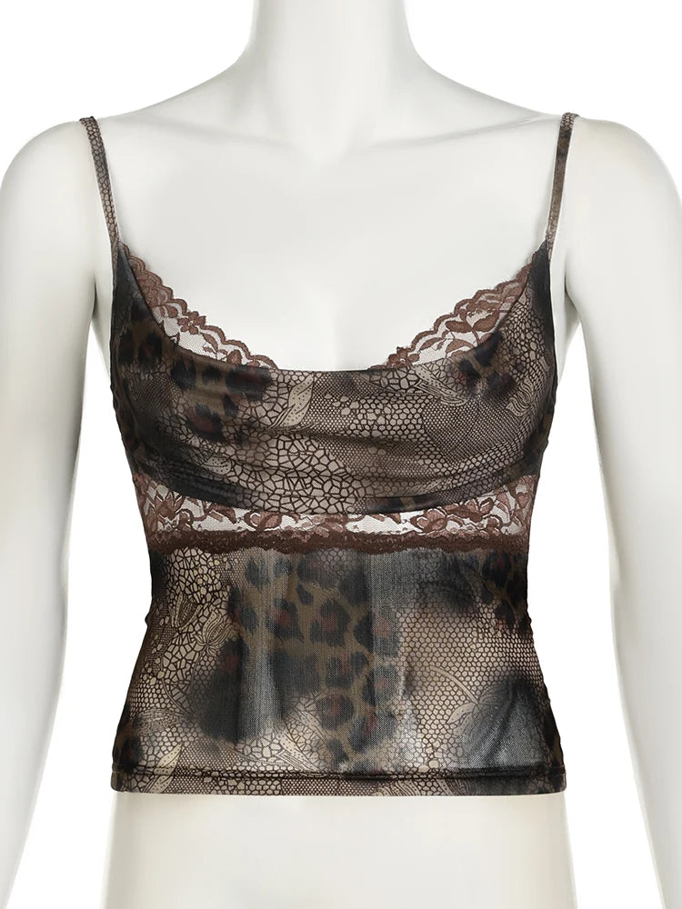 Leopard Print Cowl Neck Lace Top