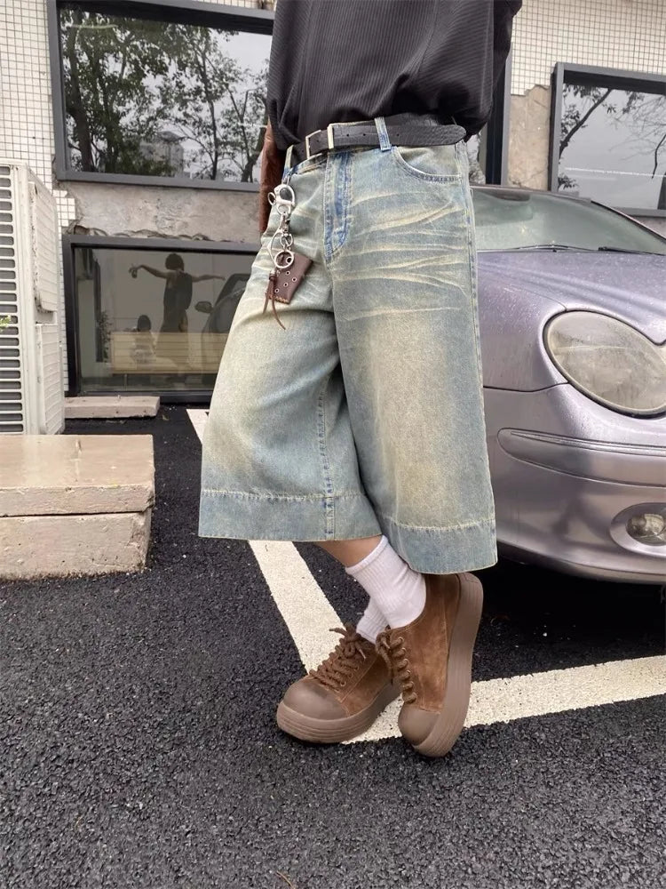 Unisex Washed Wide Leg Blue Shorts