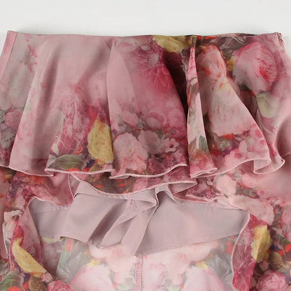 Hi-Lo Layered Flower Print Ruffle Skirt