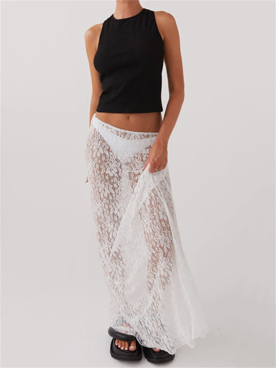 Y2K Boho Floral Lace Maxi Skirt