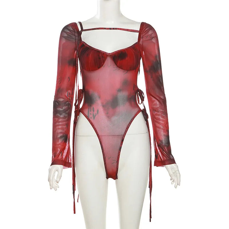 Red Tie Dye Mesh Body Suit